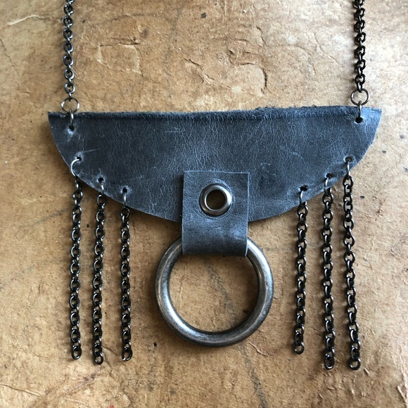Industrial tribal leather and chain handmade OOAK statement festival necklace - Picture 2 of 6